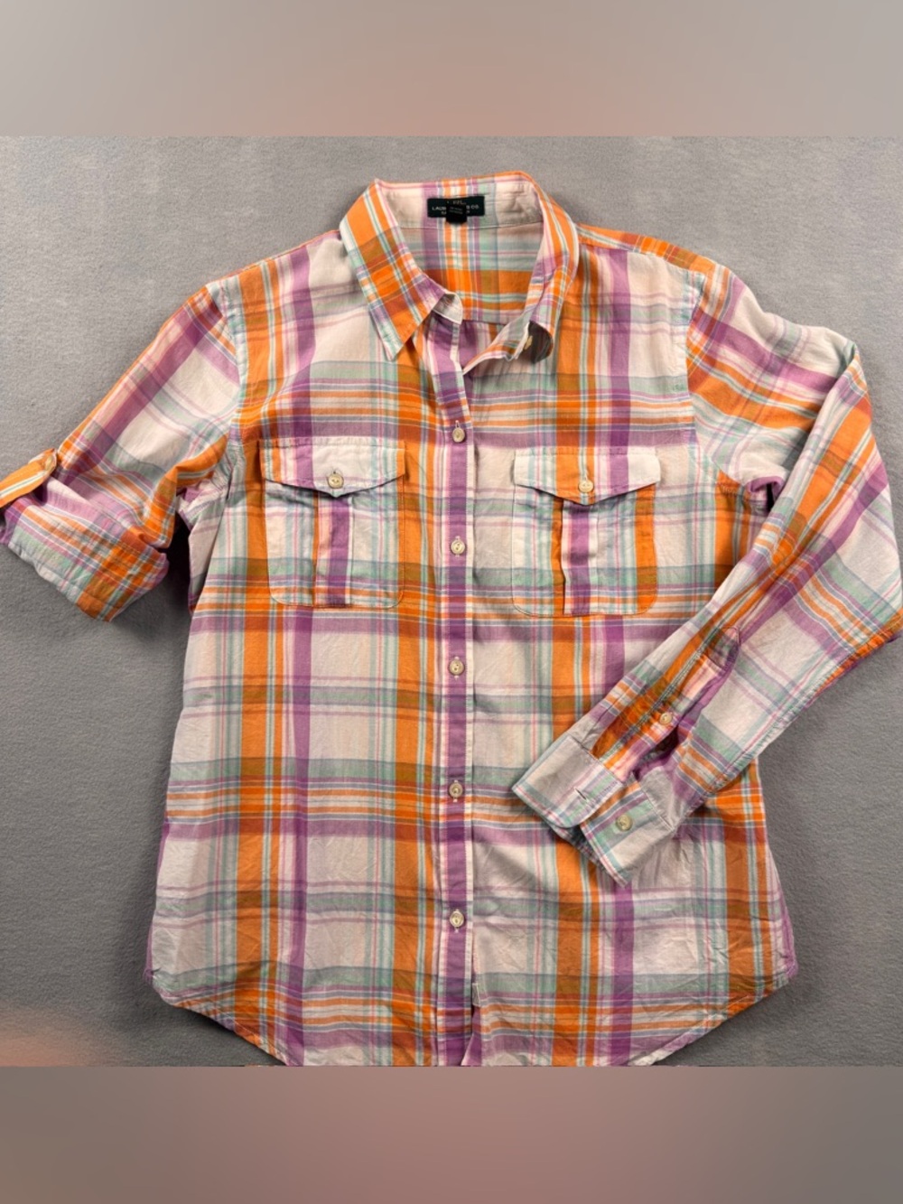 Lauren Ralph Lauren Shirt Women Petite Medium Purple Orange Plaid Roll Tab